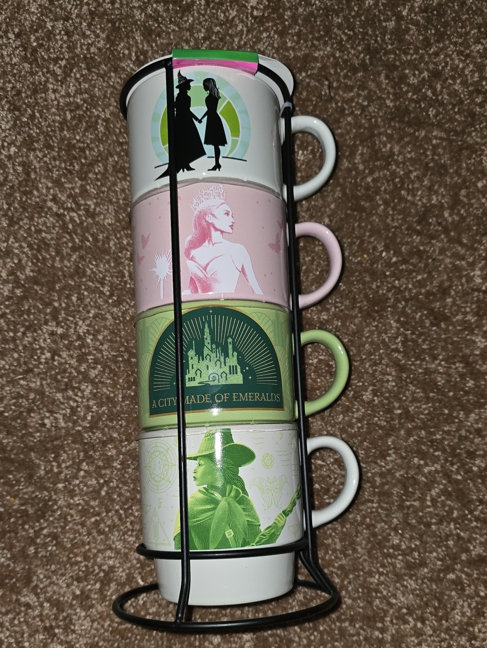Stackable Pink and Green Ceramic Mug Set with Vertical Rack